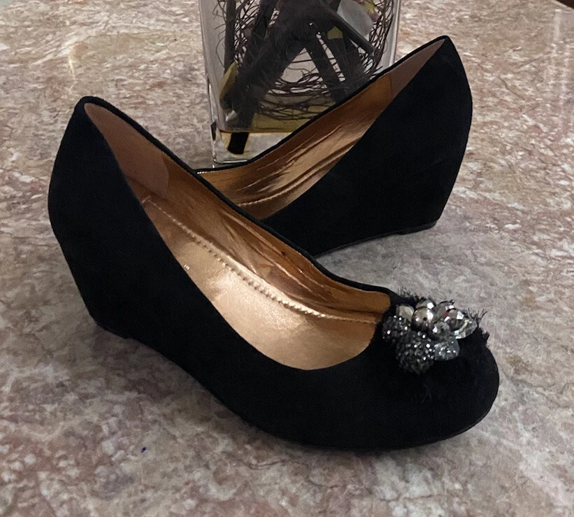 New BCBGeneration Telly Women s Jewel Toe Black Kid Suede Wedge