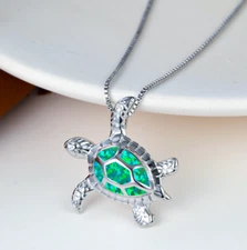 925 Sterling Silver Opal Sea Turtle Pendant & Necklace Aquarium Ocean Gift PE55