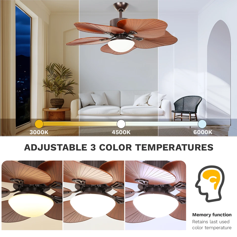 52-Inch Brown Tropical Ceiling Fan with 5 Palm Leaf Blades, Remote Control - Image 3 of 4