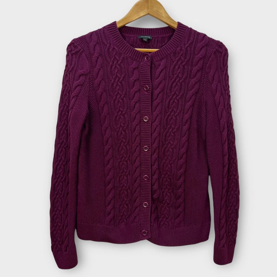 Cárdigan grueso tejido con cable Talbots para mujer suéter botón ciruela pescador cabina M Foto 4 de 4
