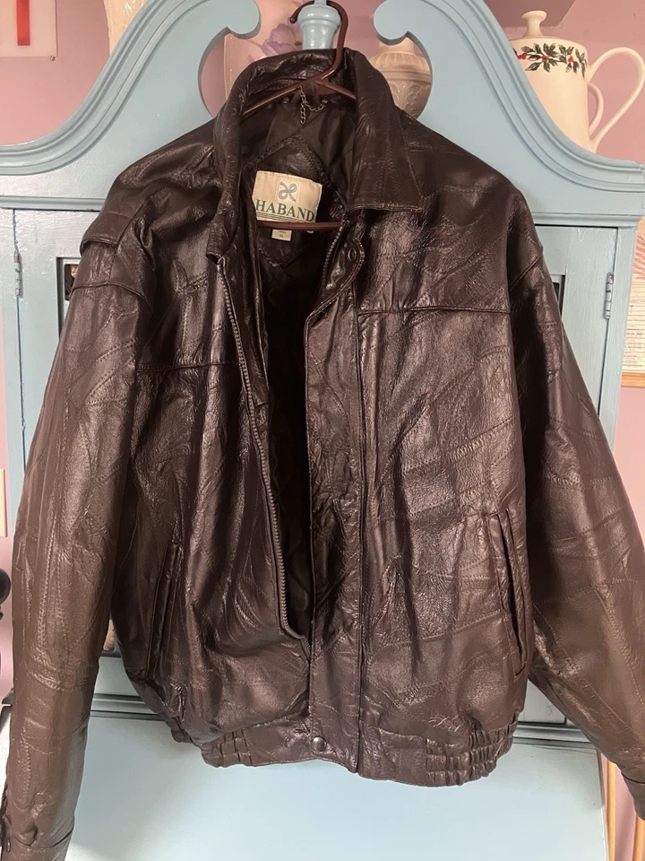 Vintage 80s Haband Patchwork Leather Jacket XL Brown Bomber Zip And Buttons - Image 2 of 4