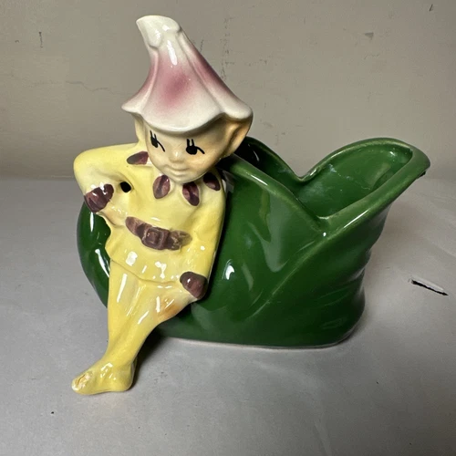 Vintage Shawnee Elf Pixie on Green Elf Shoe Planter #765 FLAW Read