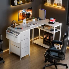 L Shaped Computer Desk with 3 Drawers & Adjustable Shelves, Corner Desk, White