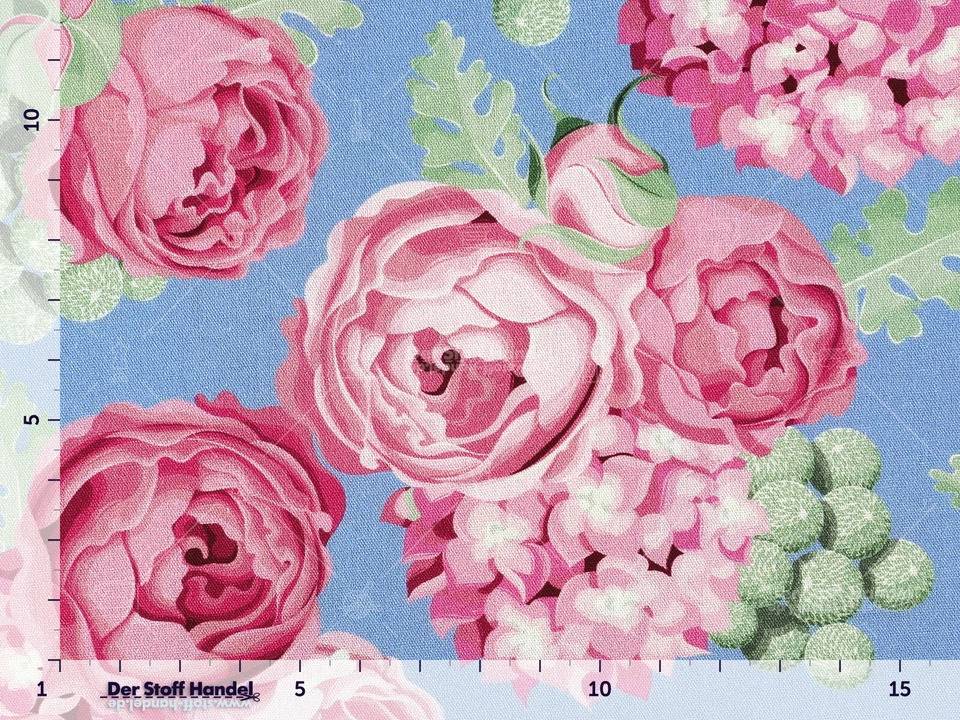 BAUMWOLLE Stoff Baumwollstoff Große Rosen ROSA MINT BLAU EUR 12,98/m - Bild 2 von 2