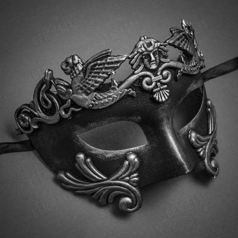 Hombres Máscara de Mascarada Guerrero Griego Romano Emperador Veneciano Disfraz Negro Plata Foto 3 de 4