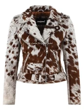 Women's Brando Style Biker Leather Jacket Hair On Cowhide Classic Fashion Jacket