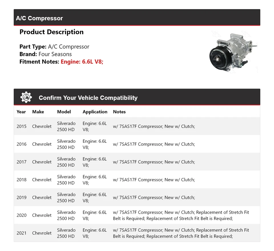 Para 2015-2021 Chevrolet Silverado 2500 HD 6.6L V8 A/C Compressor 4 Estações 2016 - Imagem 2 de 4
