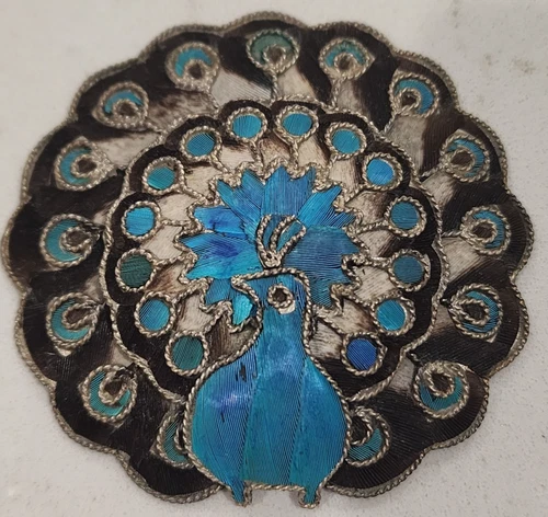 Vintage Peacock  Brooch Pin Turquoise Black Silver Blue Costume Jewelry