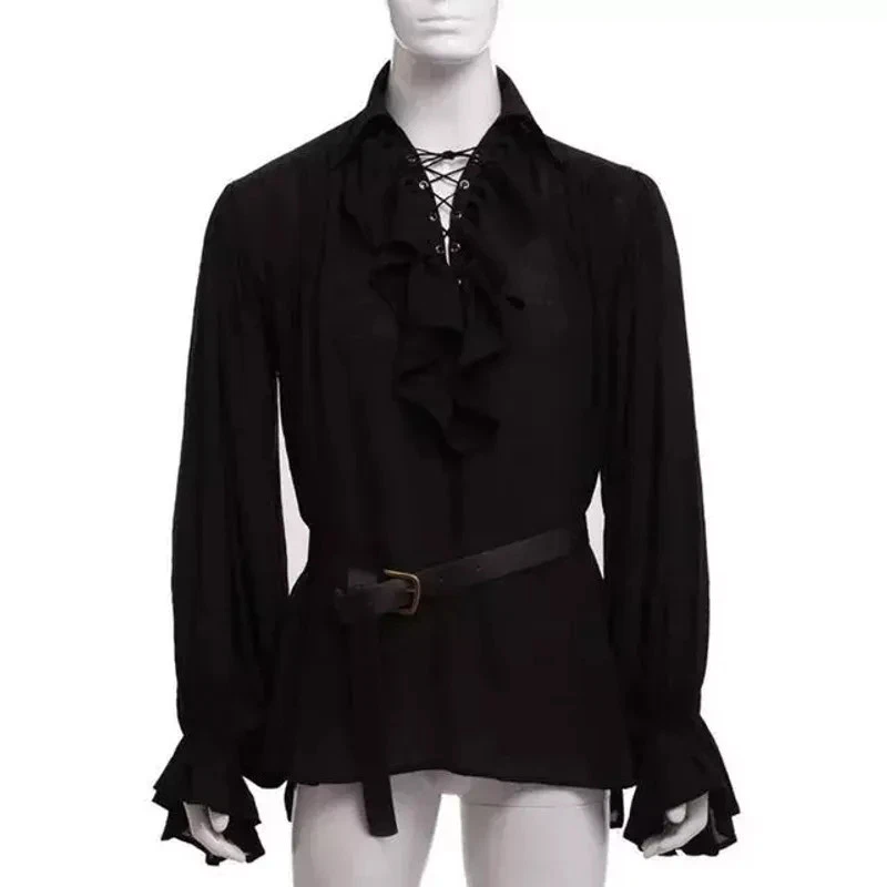 Medieval Men Puffy Sleeve Pirate Shirt Scottish Widecuff Shirt playing Costume - Image 3 of 4
