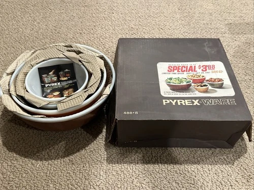 Vtg 1960's - 4 pc. Pyrex AMERICANA Fall Colored - Banded Nesting Bowl Set -NIB