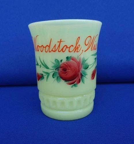 HEISEY UG Uranium EAPG Custard Glass Water Tumbler - Souvenir WOODSTOCK Wis WI