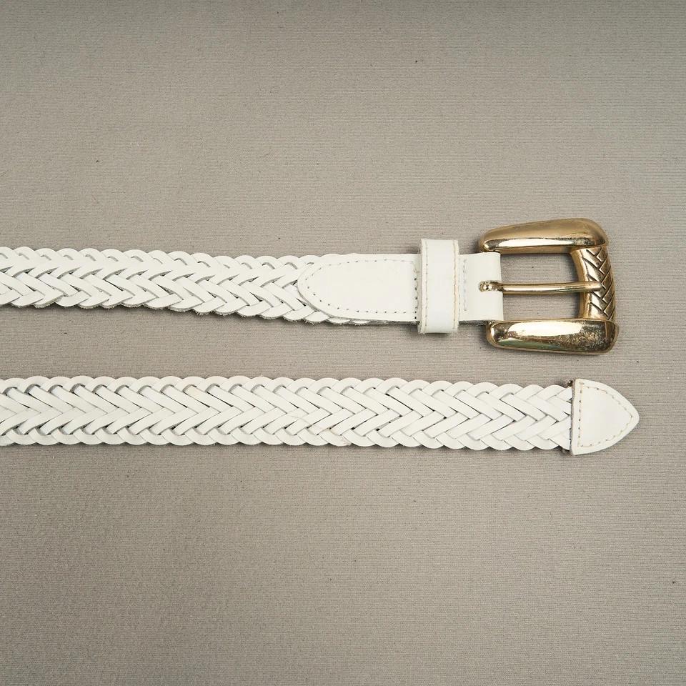Винтажный плетеный кожаный ремень женщин Sz XL белый 1» золото декоративная пряжка шик - Изображение 3 из 4