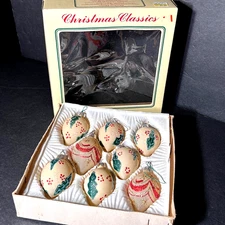 8 Vtg Hand Blown Glass Decorated Christmas Tree Ornaments Original Box Romania