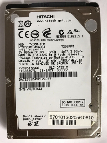 160 GB SATA NOTEBOOK FESTPLATTE HITACHI  HTS725016A9A364 2,5'' ZOLL #NFP629