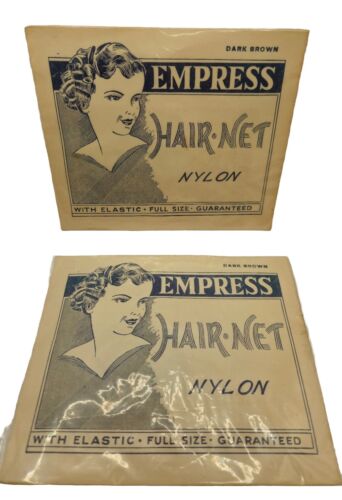 2 Vintage Empress Hair Nets Unopened Dark Brown nylon in package unopened OLD - Afbeelding 1 van 8