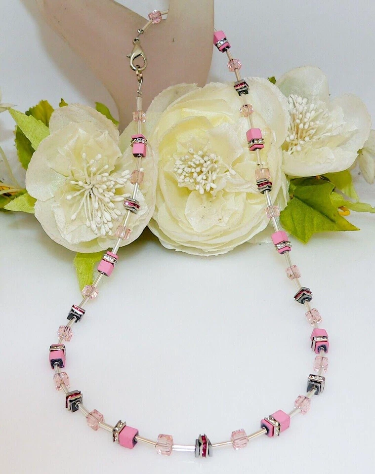 Halskette Würfel Hämatit Quadrat Glas Cube Rosa Strass Kristall Silber 519h - Bild 4 von 4