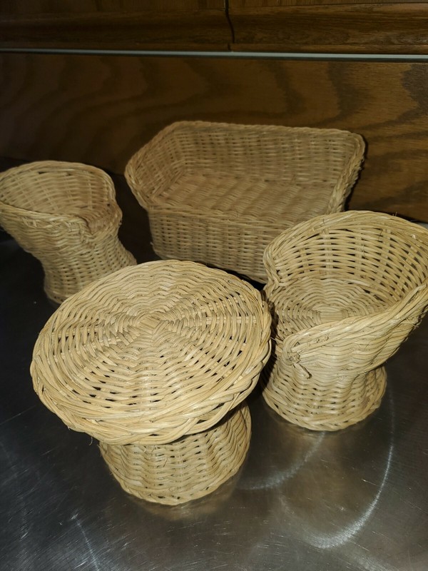 Wicker Rattan Doll House Furniture Set 4 Piece, Loveseat, 2Chairs, & Table