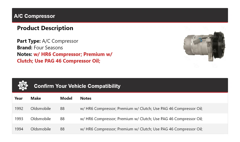 For 1992-1994 Oldsmobile 88 A/C Compressor 4 Seasons 1993 - Image 2 of 4