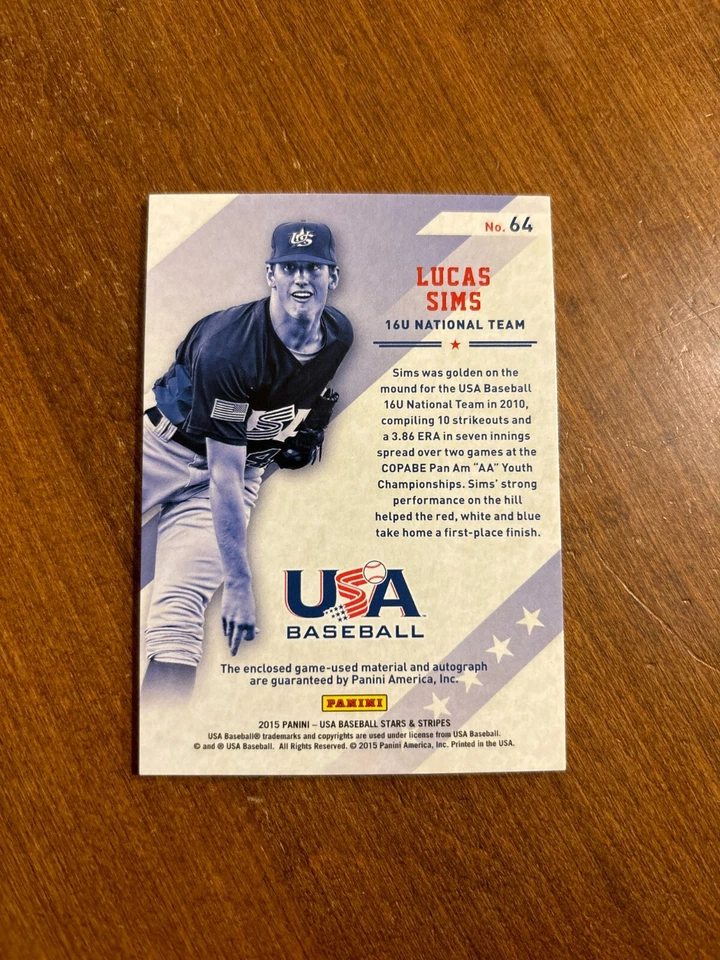 Lucas Sims 2015 USA Baseball Stars Silhouettes Game Jersey Auto #64 Braves /10 - Image 2 of 2