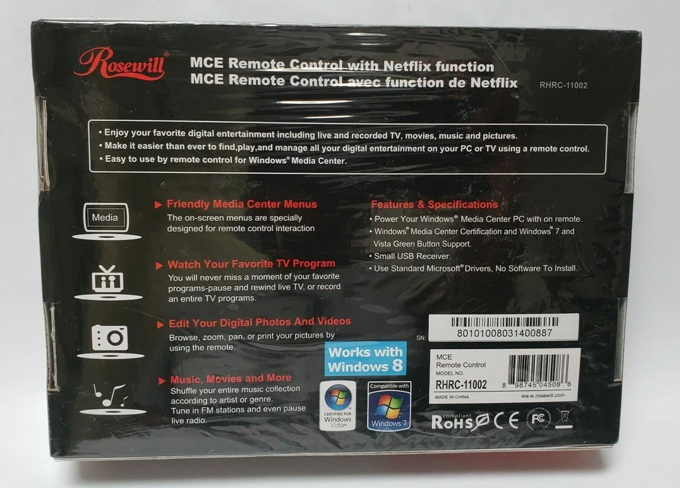 Rosewill Remote Control Netflix RHRC-11002 Windows 7/8 Certified MCE IR New - Image 2 of 2