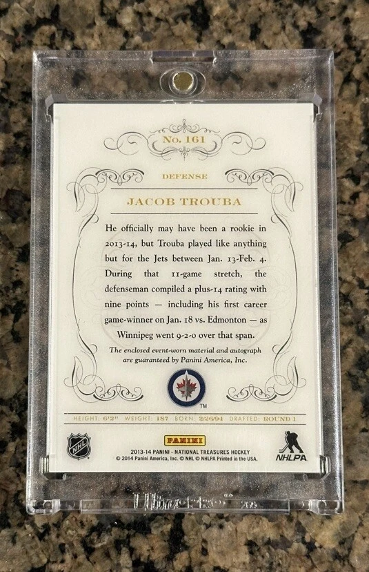 13-14 Panini National Treasures Auto Rookie Patch JACOB TROUBA 3CLR RPA # /99 - Image 2 of 2