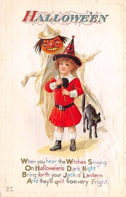 Halloween, c. 1910, Little Girl Witch in Red, Black Cat & Jack-O-Lantern, #H 14
