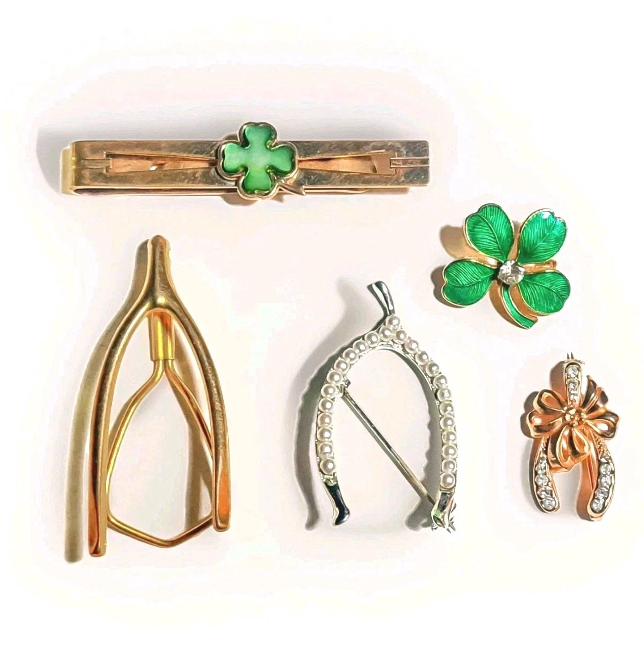 Vintage Shamrock Wishbone Good Luck Art Deco Brooch Pin Tie Clip Lot