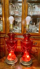 Pair Cranberry Red Cut to Clear Glass 3-Way Lamps 31.5" Accurate Casting Co. NY