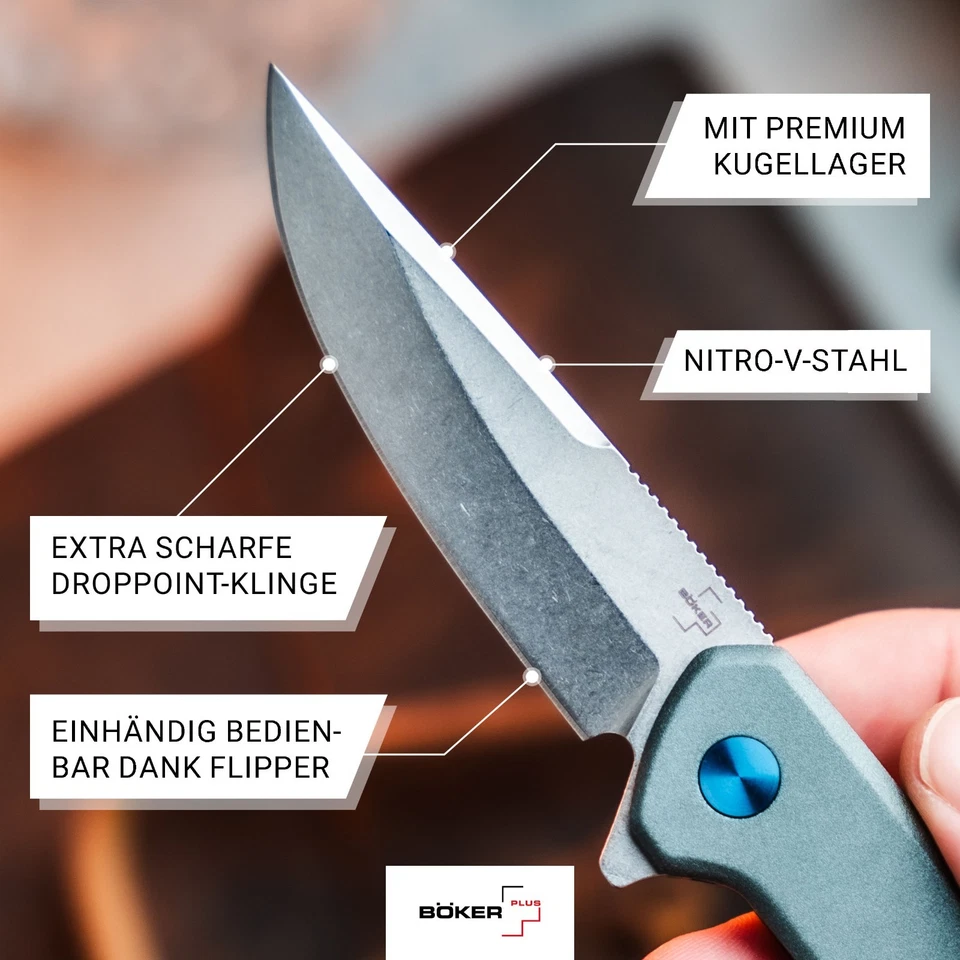 BÖKER PLUS® The Dace EDC-Taschenmesser Nitro-V Metall-Griff Flipper Clip Grau - Bild 4 von 4