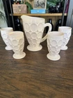 Vtg Jeannette SHELL PINK Milk Glass Thumbprint Footed Juice Pitcher Set Lot