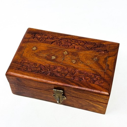Vintage Floral Pattern Wood Carved Jewellery Box Case Red Lining Flower Wooden - Picture 4 of 19
