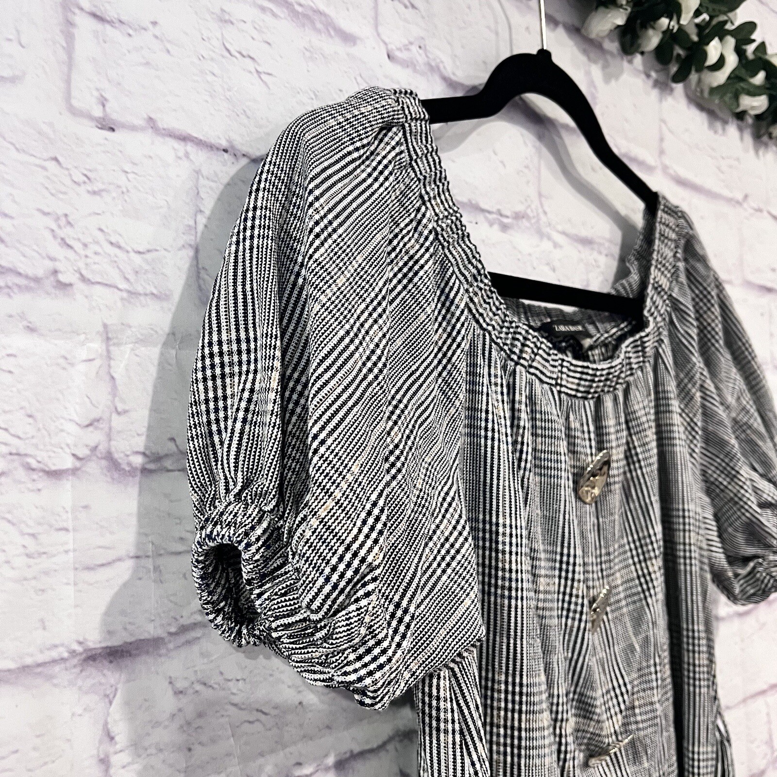 Zara Basic Size Small Plaid Off The Shoulder Puff… - image 4