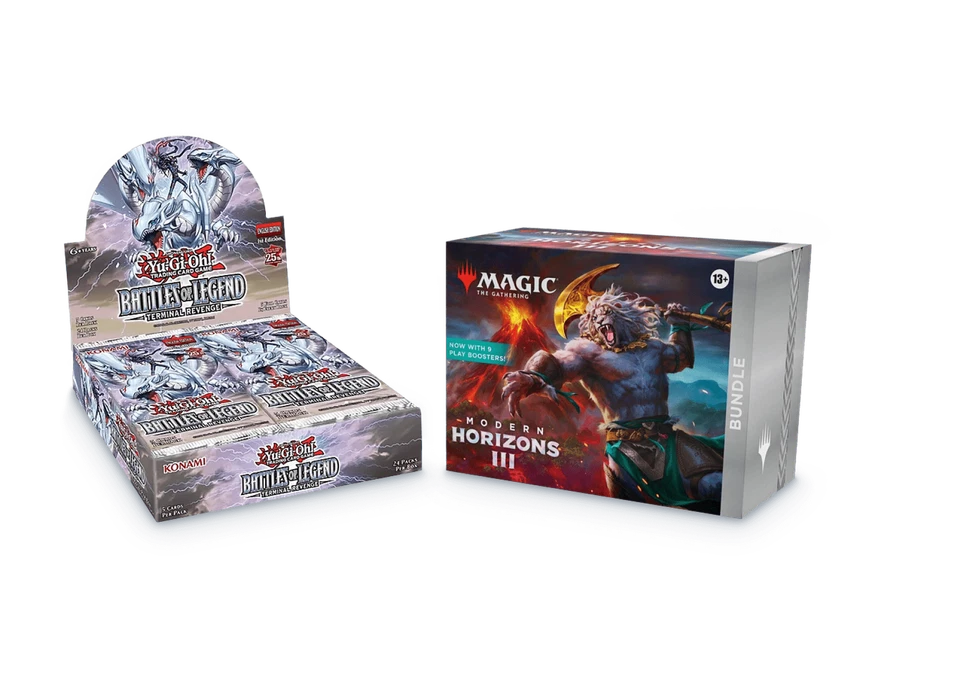 A Yu-Gi-Oh! Battles of Legend Terminal Revenge booster box and a Magic The Gathering Modern Horizons 3 bundle box against a turquoise background.