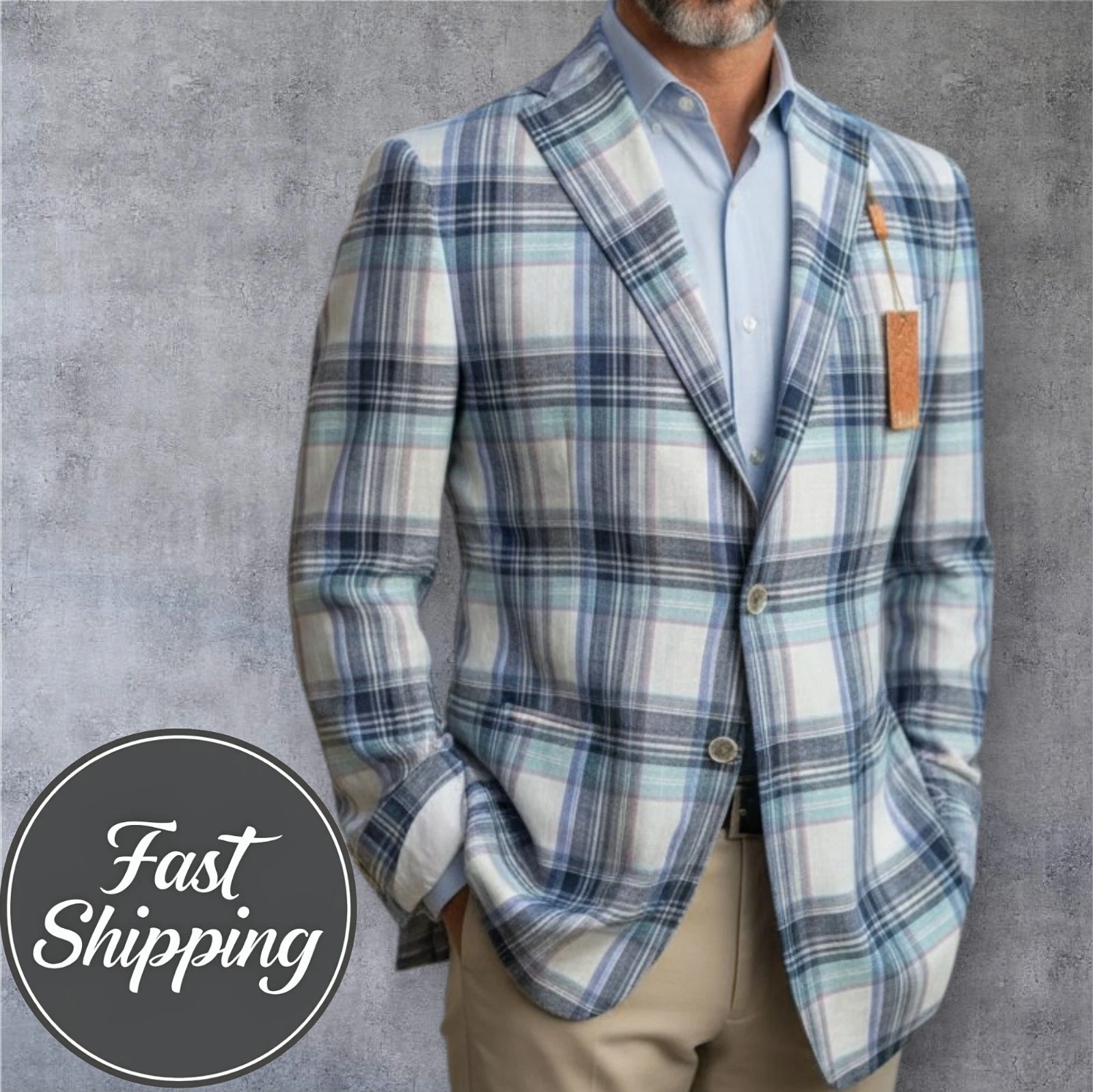 TALLIA Mens Blazer Sport Coat Two Button Suit Jacket 44R LINEN Blue/Navy Plaid