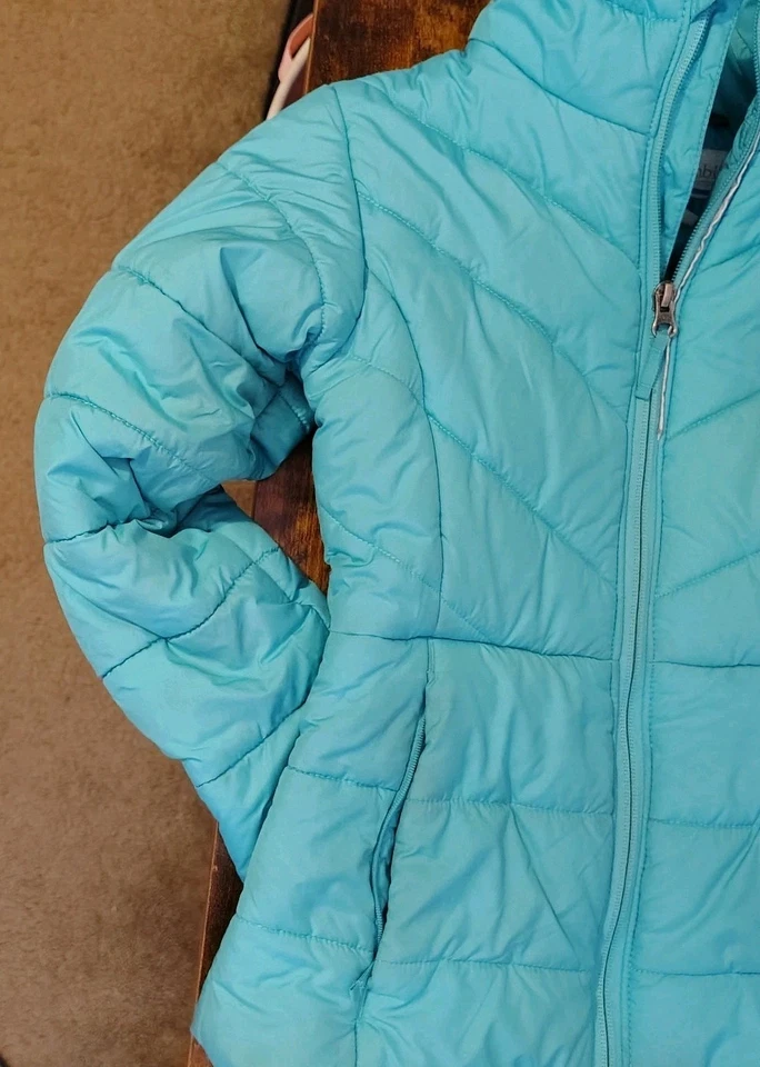 Columbia Jacket Girls Small 7/8 Teal Hooded Puffer Quilted Zipper Pockets Winter - Image 2 of 4