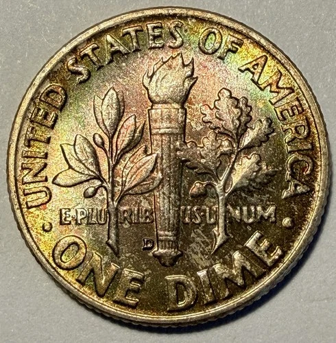 1958-D Roosevelt Dime, Gem BU, Rainbow Mint Set Toning! Silver