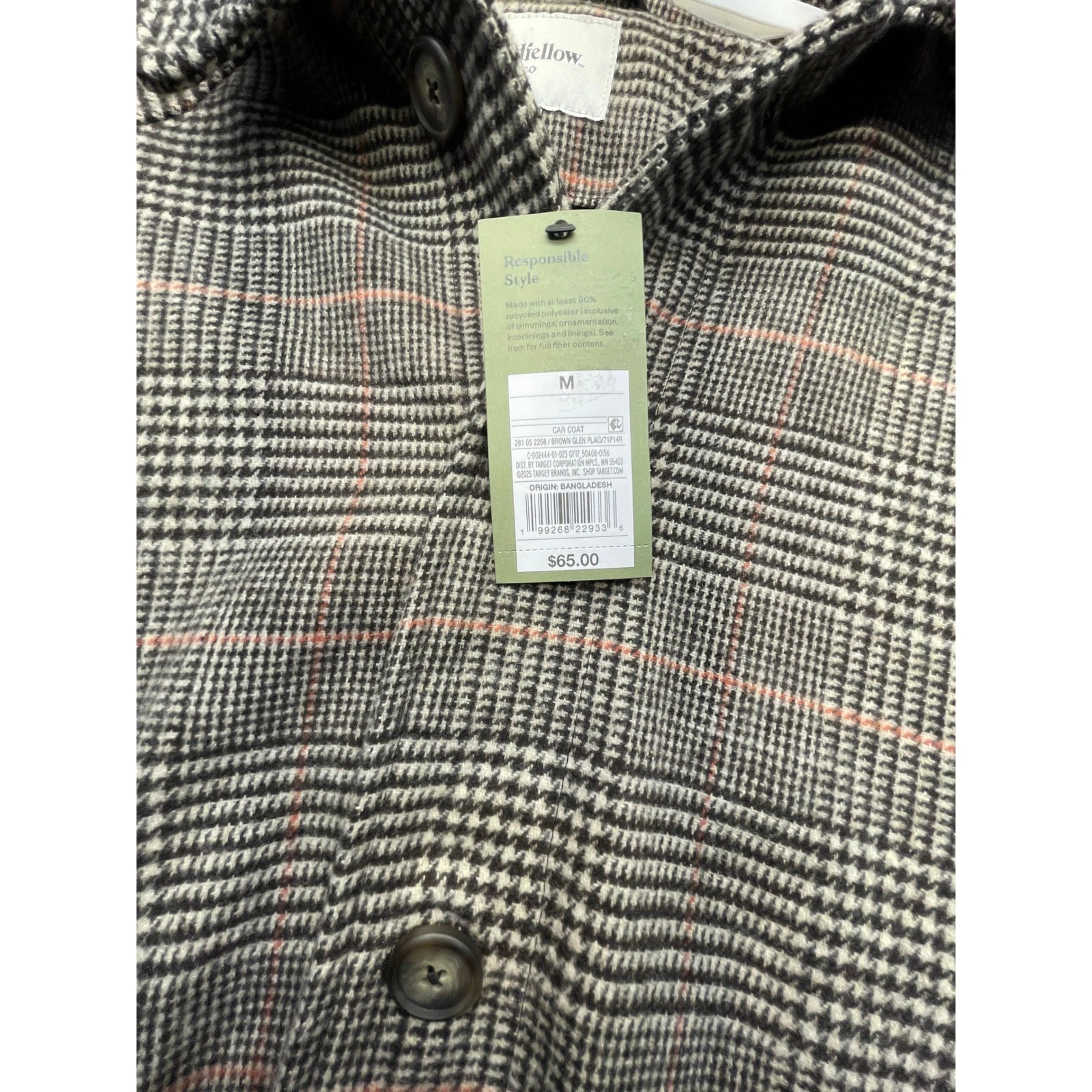 Goodfellow & Co Car Coat Mens M Brown Plaid NEW Glen Check Button Up - product detail image 3