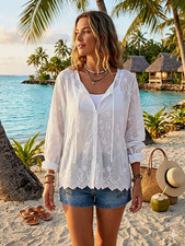 Womens Gauzy White Lightweight Floral Embroid...