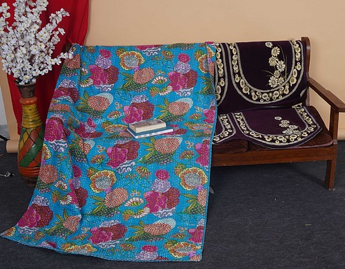 Indian hand stitched cotton floral fruit print kantha quilt gudari throw - Picture 42 of 50