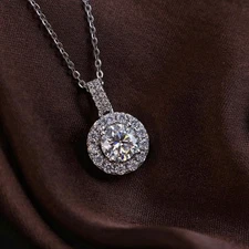 Moissanite Round Halo Pendant Necklace 925 Silver Valentine’s Day Gift