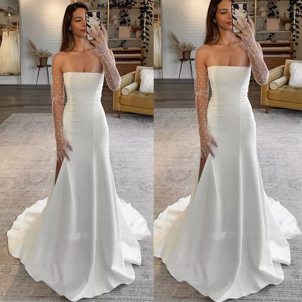 Silk Satin Mermaid Wedding Dresses with Pearls Detachable Sleeves