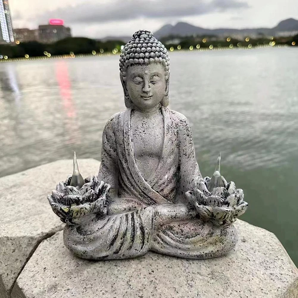 Grande statue Bouddha jardin avec lumières solaires Figurine cour