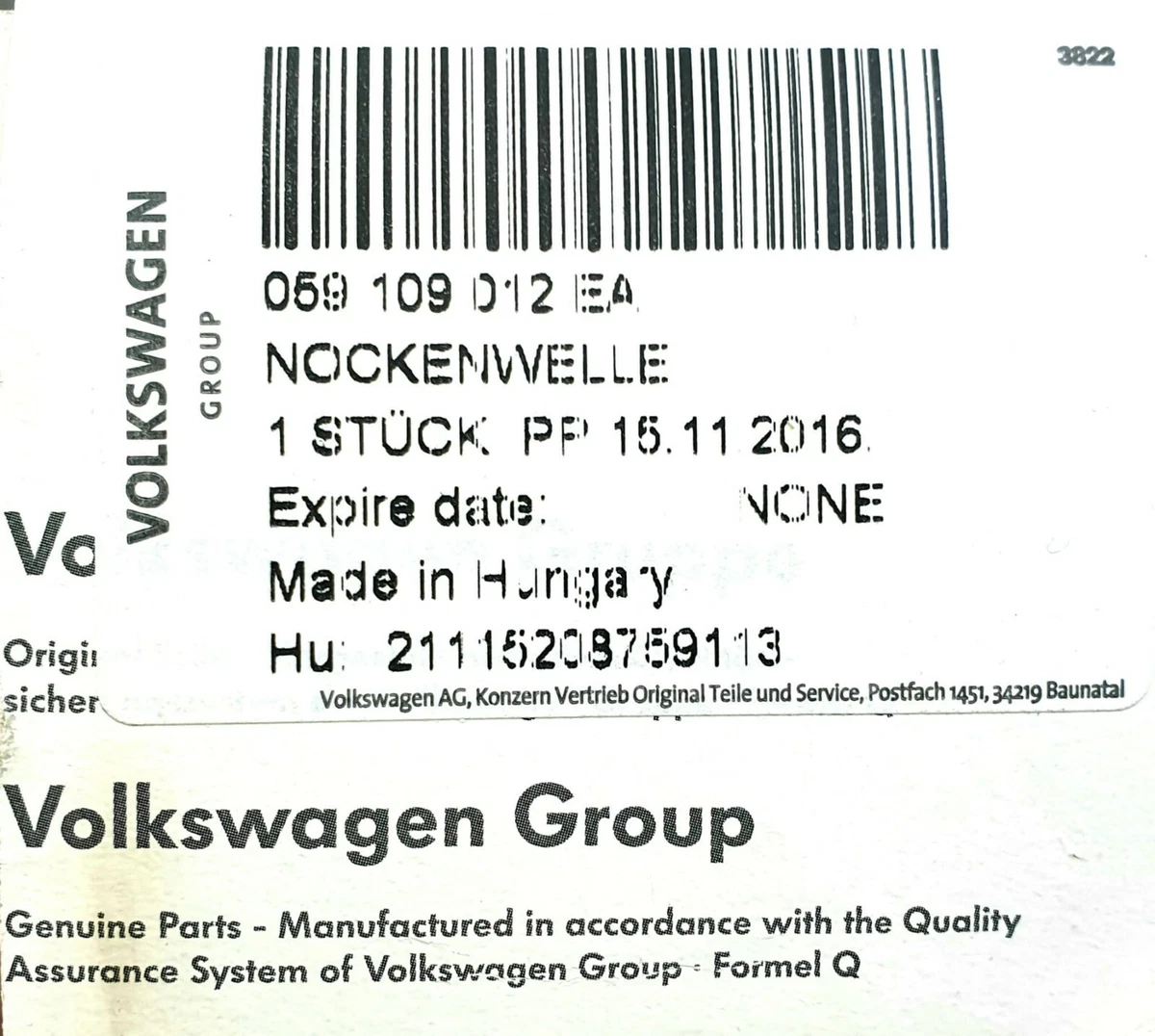 Original Volkswagen 059109012EA Camshaft Cylinder 4-6 Outlet - A4 