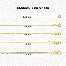 10K Solid Yellow Gold Box Chain Necklace, 16" To 30" Inch, 0.5mm To 1.4mm Thick