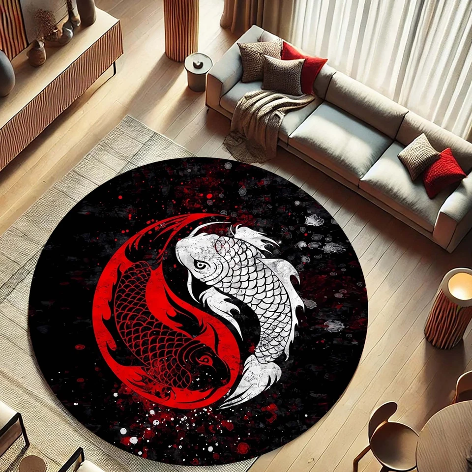 Yin Yang Koi Fish Rug, Japanese Koi Carp Carpet, Zen Round Floor Mat, Feng Shui - Image 3 of 4