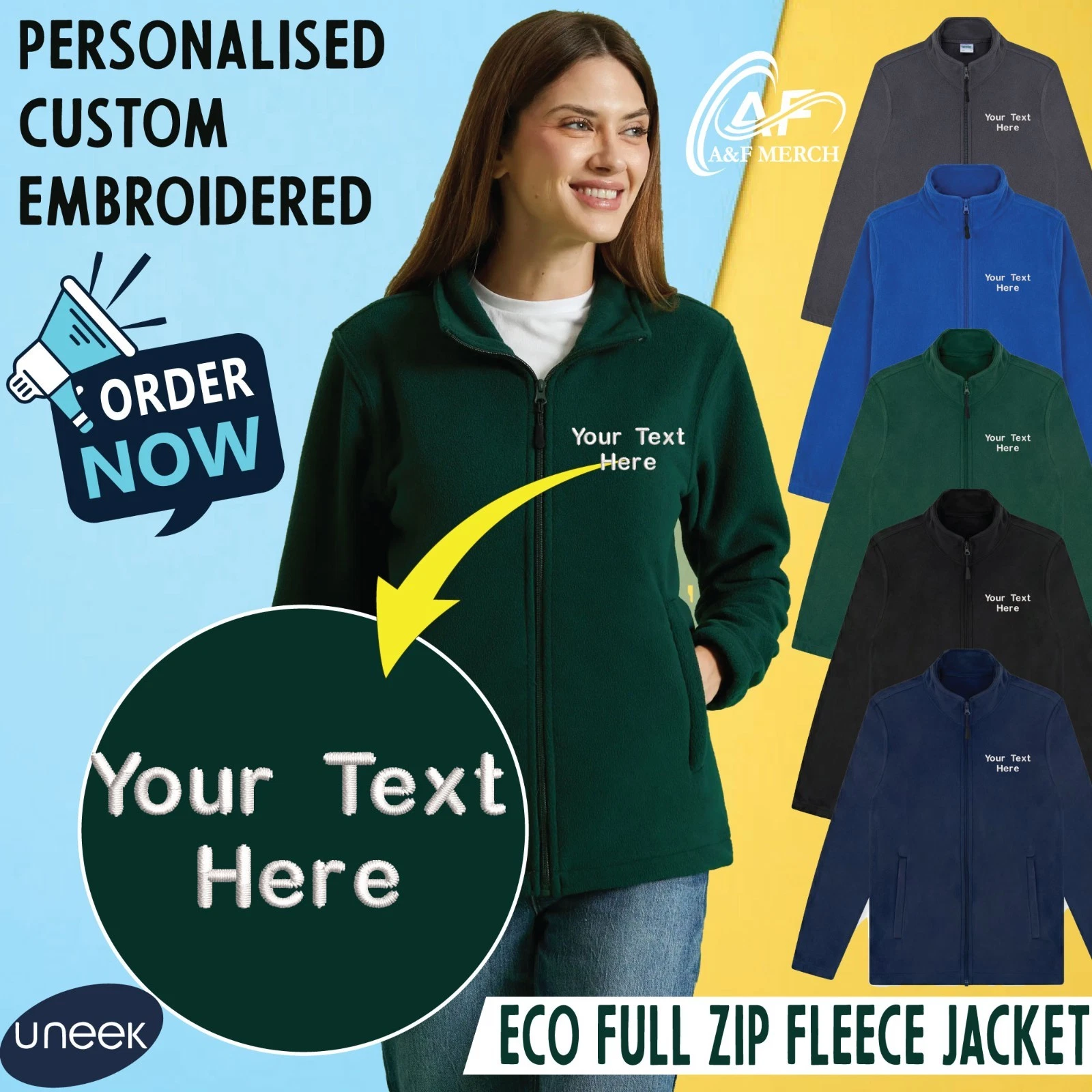 Personalised Custom Embroidered Uneek Eco Full Zip Fleece Jacket GR61