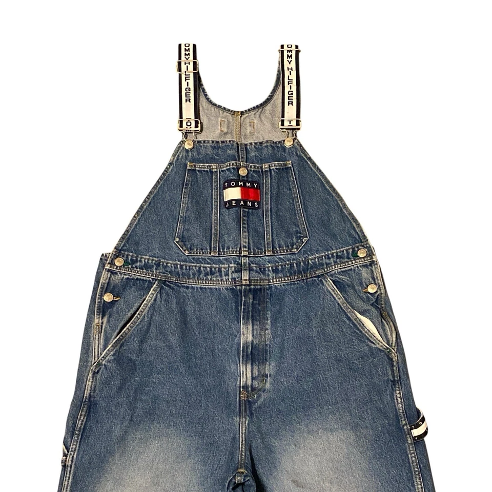 Macacão jeans vintage anos 90 Tommy Hilfiger masculino grande azul logotipo solto hip hop - Imagem 3 de 4