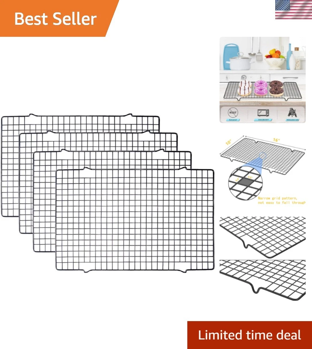 Professional Quality Cooling Racks - 4 Pack Heavy-Duty Nonstick 16" x 10" Grids
Opens in a new windo