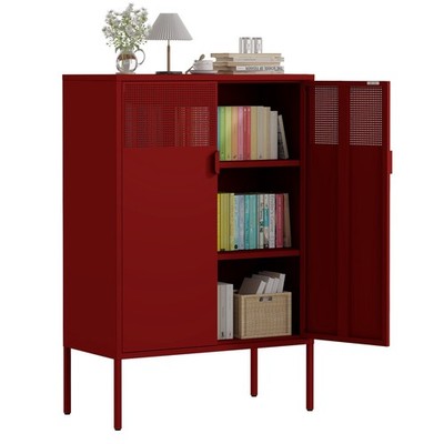 Red Metal Storage Cabinet,2 Door TV Stand, Metal Mesh Accent Cabinet