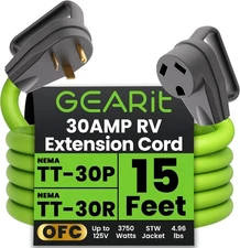 GEARit 30-Amp Extension Cord for RV and Auto, 125-Volt, 15 Feet, Green 